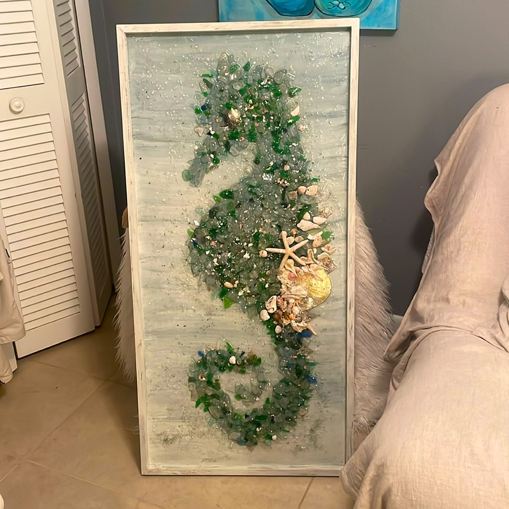 SEAHORSE ,BEACH GLASS, RESIN, SHELLS